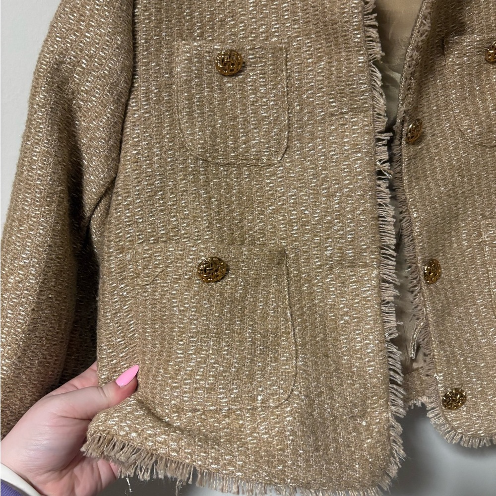 Women’s Beige Tweed Blazer Jacket Large - Picture 4 of 8